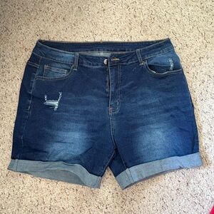 Denim Blue Women's Slightly Distressed Cuffed Jean Shorts